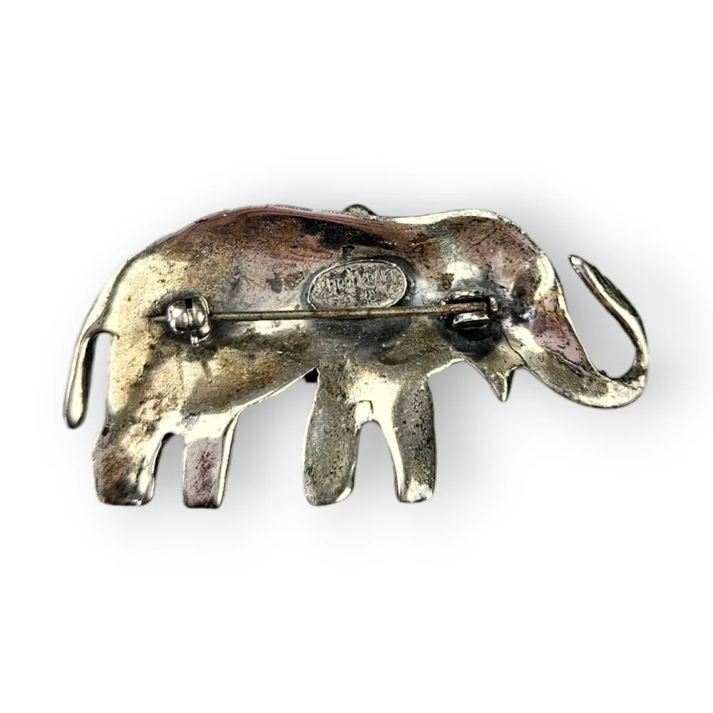 Vintage Sterling Elephant Brooch Brookraft Lucky Brushed 925 Silver 1940s 2